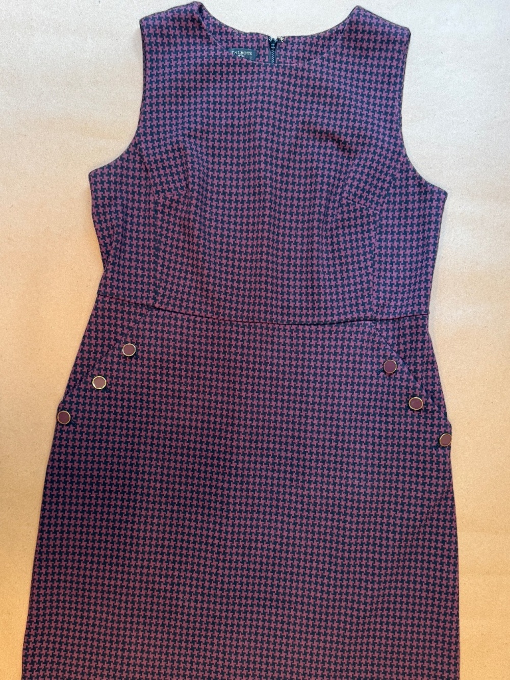 Talbots 12P Burgundy & Black Houndstooth Sheath Dress